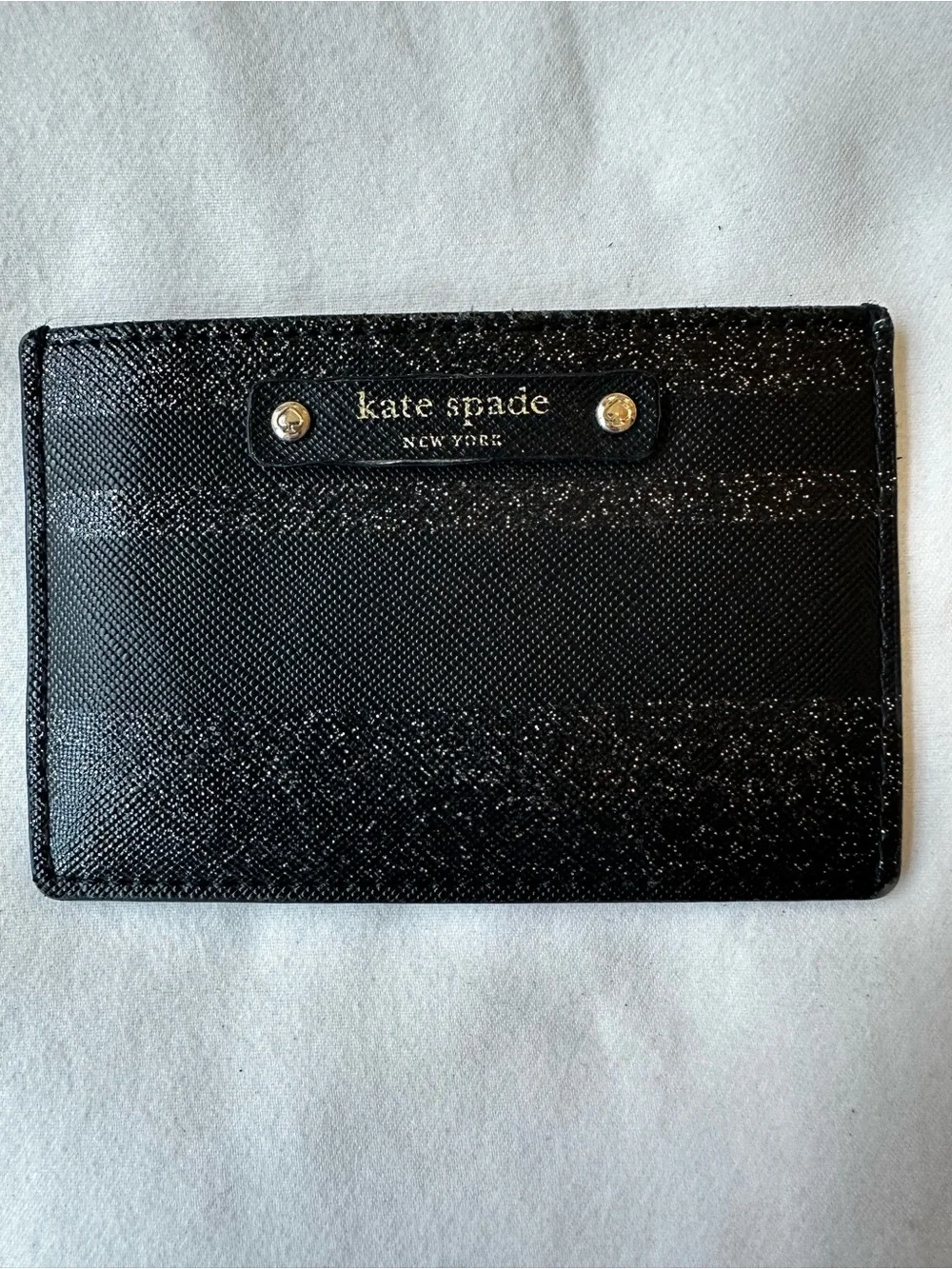 Kate Spade Haven Lane Graham Black Glitter Stripe Leather Card Holder Wallet